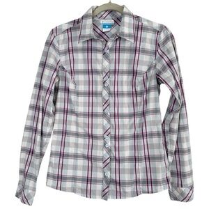 Columbia purple stripe fitted button front long sleeve top‎ S